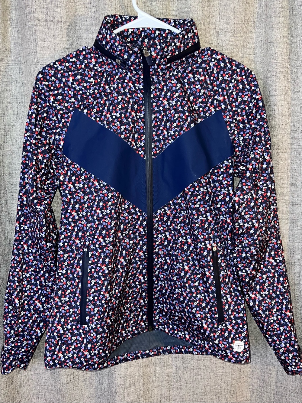 Tory Sport All Weather Run Jacket Navy Blue Floral Print Retro Athleisure Preppy